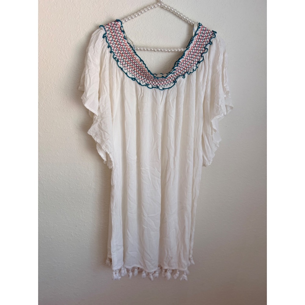 Blue Island Tunic Dress Womens XL White Excellent Smocked Tassel Boho Coverup